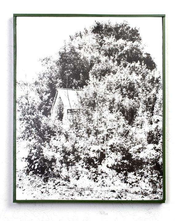 A screenprinted image of a large tree, a shack just visible through the foliage.